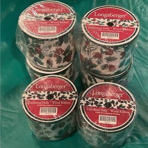 Lot 6 Longaberger Christmas Holiday Holly Wired Craft Ribbon 3" 5 Yd Spools NEW